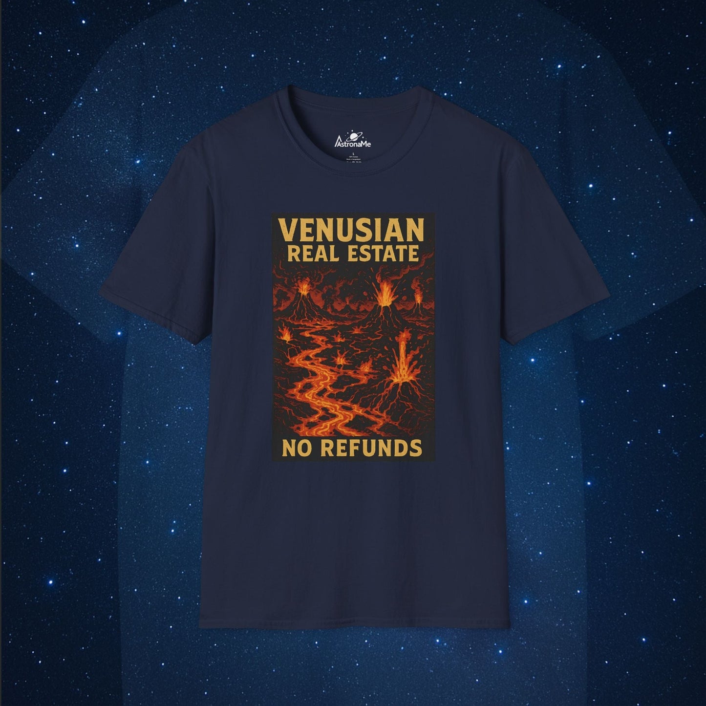 Navy blue t-shirt with 'Venusian Real Estate No Refunds' graphic on a starry space background
