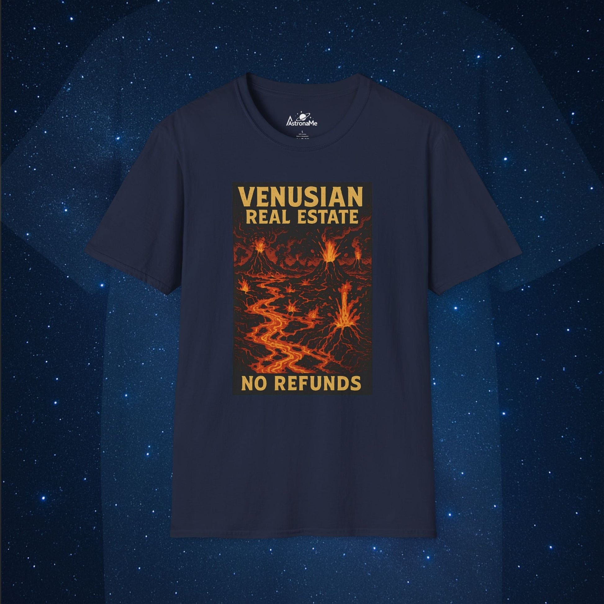 Navy blue t-shirt with 'Venusian Real Estate No Refunds' graphic on a starry space background