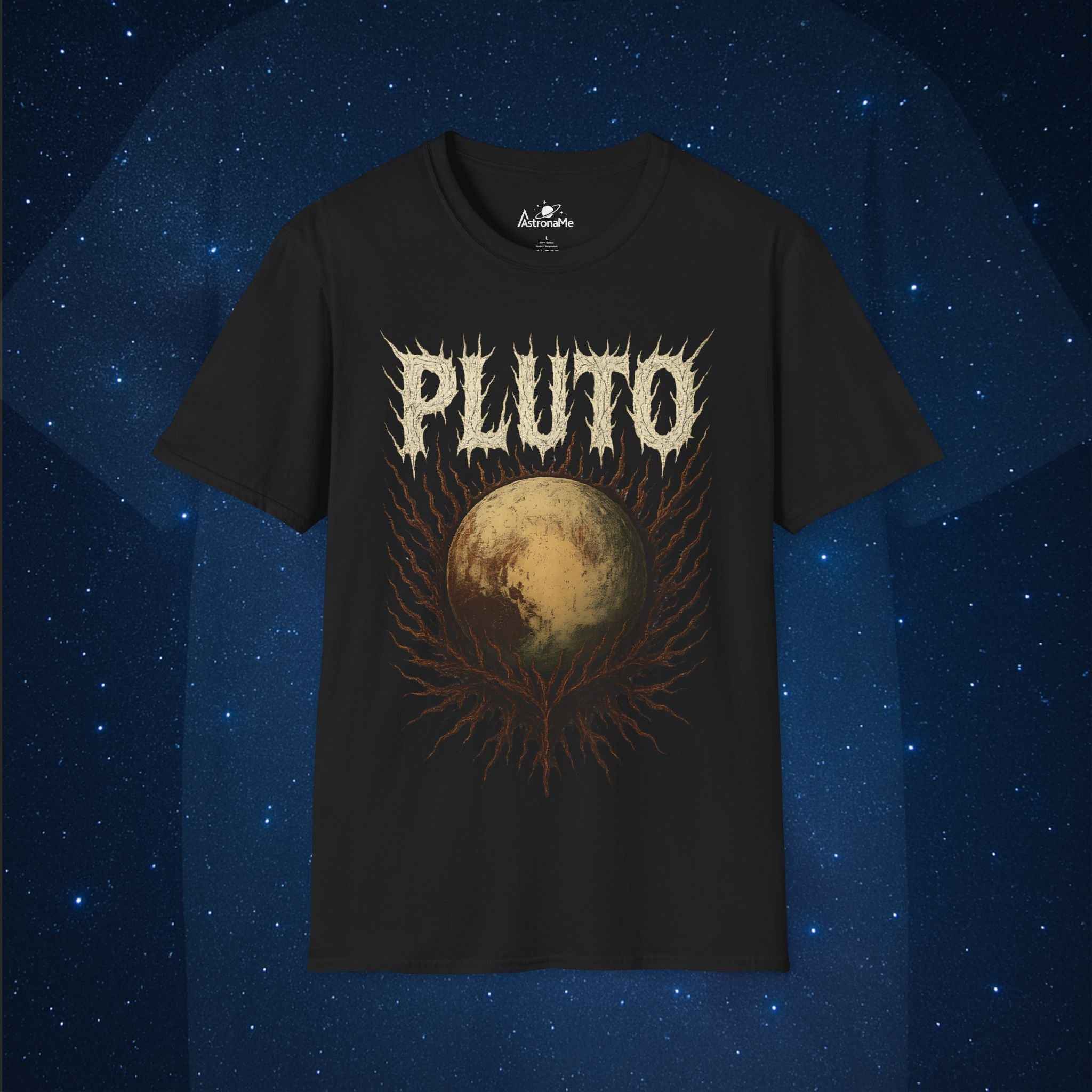 Black t-shirt with 'Pluto' graphic design on a starry space background
